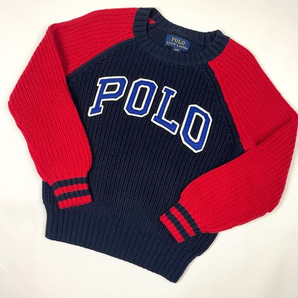 Polo Ralph‎ Lauren Navy Red Cable Knit Sweater Pullover Boys NWT Size 4/4T - Picture 1 of 4